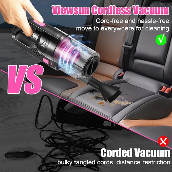 Car Vacuum Cordless Rechargeable, 8000PA High Power Handheld Vacuum Cleaner with 17PCS Car Cleaning Kit, Pink Auto Accessories for Women Gift