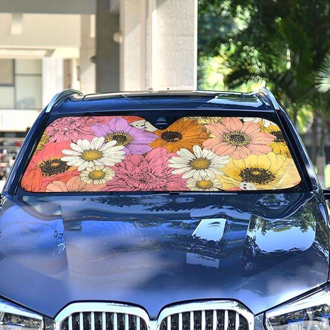 Colorful Flowers Sunflower Car Windshield Sun Shade Chamomile Dahlia Lily Anemone Foldable UV Ray Sun Visor Protector Sunshade to Keep Your Vehicle Cool (55" x 27.6")