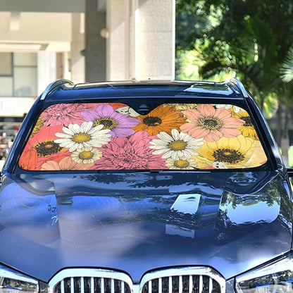 Colorful Flowers Sunflower Car Windshield Sun Shade Chamomile Dahlia Lily Anemone Foldable UV Ray Sun Visor Protector Sunshade to Keep Your Vehicle Cool (55" x 27.6")