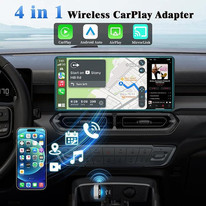 4-in-1 Wireless CarPlay Adapter for Apple CarPlay & Android Auto & AirPlay & MirrorLink, 2026 Upgraded Screen Mirroring Mini USB Adapter with Type-C Extension, Low Latency, Plug & Play