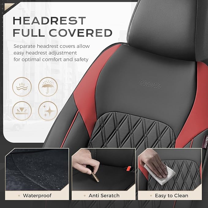 Coverado Automotive Seat Covers, Faux Leather Seat Covers Front Seat, Luxury Car Seat Covers, Seat Cushion, Front Driver Seat Covers, Car Seat Protector Truck Accessories Fit Most Cars, Black&Red