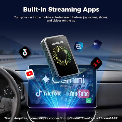 LAMTTO Wireless CarPlay and Android Auto Adapter with Gemini AI,4-in-1 Magic AI Box Video Player for YouTube TikTok, Dual WiFi,HD Media Port,USB Drive,Mirror Link for OEM Wired Carplay Cars 2016-2024