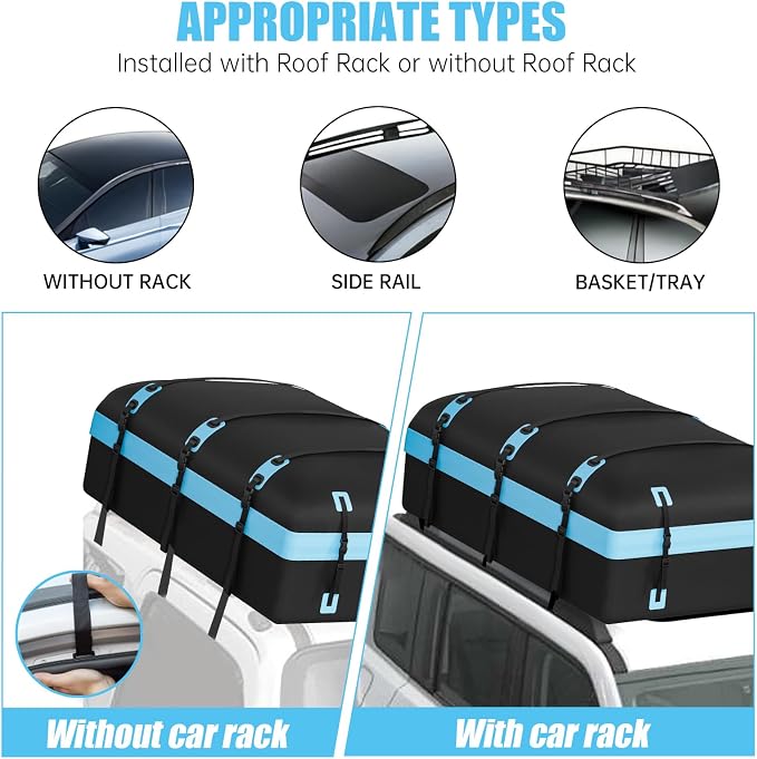 Car Rooftop Cargo Carrier Bag, 30 Cubic Feet Waterproof Soft-Shell Car Roof Bag for All Vehicle with/Without Rack, Include Anti-Slip Mat, Reinforced Straps, Door Hooks Luggage Lock (Blue)