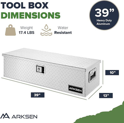 ARKSEN 39 x 13 x 10 Inch Diamond Plate Truck Bed Tool Box, Heavy Duty Waterproof Aluminum Toolboxes Storage Chest with Side Handle & Lock for Pickup Truck Bed, RV & Trailer – Silver