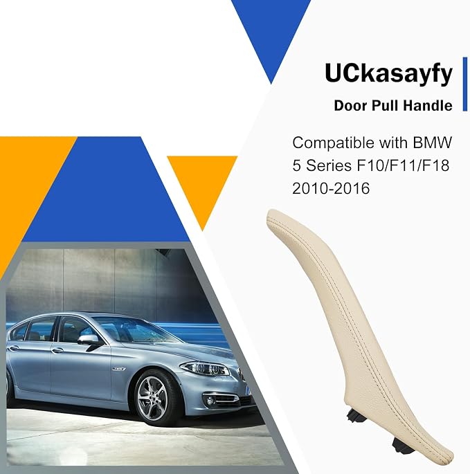 Leather Side Door Pull Handle Cover Compatible with BMW 5 Series F10/F11/F18 520 523 525 528 530 535 2010-2016, Left Passenger Inner Door Handle Assembly(Beige, Left)