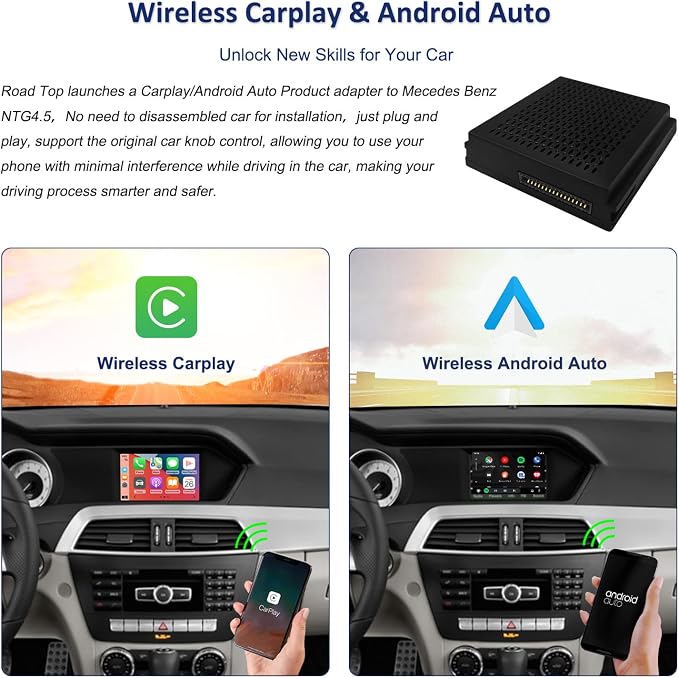 Road Top Wireless CarPlay Android Auto Adapter for Mercedes-Benz NTG4.5 | For C/E/GLK/ML/CLA/GLA 2012-2015, NTG4.5 System, Plug & Play Retrofit Module, Bluetooth, Siri, Mirror Link