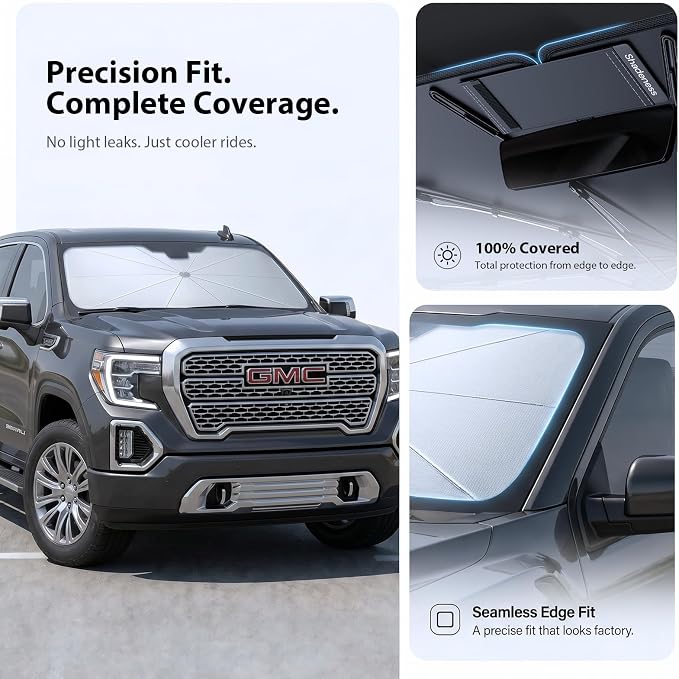 2026 Upgraded Windshield Sun Shade Umbrella for GMC Sierra 1500 [Precision Custom Fit, Superior UV & Heat Block] Cooling Tech Fabric, Durable Foldable with Storage Bag, Fits 2000-2026