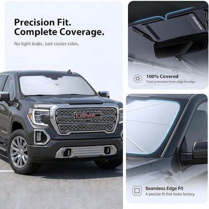 2026 Upgraded Windshield Sun Shade Umbrella for GMC Sierra 1500 [Precision Custom Fit, Superior UV & Heat Block] Cooling Tech Fabric, Durable Foldable with Storage Bag, Fits 2000-2026