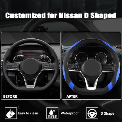 West Llama Flat Bottom Car Steering Wheel Cover for Nissan,D Shaped Steering Wheel Cover for Rogue,Altima,Kicks (Black+Blue-Standard Size)