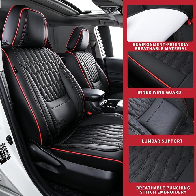 Car Seat Covers, Luxury Breathable Waterproof Faux Leatherette Car Seat Covers Cushion Protectors with Lumbar Support, Car Seat Cushion, Universal Fit Most Cars (Black, Full Set - 5 Seats)