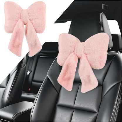 Furry Bow Car Headrest Pillow,Soft & Comfortable Car Neck Pillow for Cars Decorations & Fatigue Relief,Universal Head Rest Pillows for Cars Interior Accessories for Trucks,SUVs (Pink)