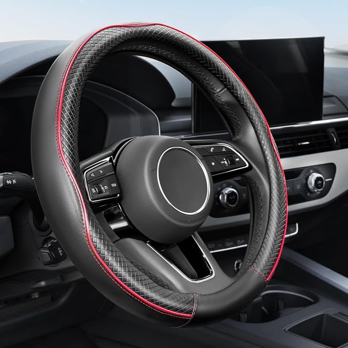 YHONGJT Soft Premium Leather Steering Wheel Cover, Breathable, Non-Slip Grip, Universal 15 Inch for Women Girls, Fit Vehicles, Sedans, SUVs, Vans, Trucks - Black with Red Line