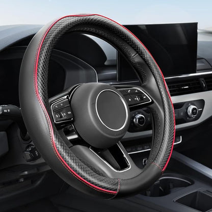 YHONGJT Soft Premium Leather Steering Wheel Cover, Breathable, Non-Slip Grip, Universal 15 Inch for Women Girls, Fit Vehicles, Sedans, SUVs, Vans, Trucks - Black with Red Line