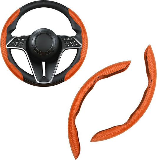 Carbon Fiber Steering Wheel Cover, 2-Piece Set Anti-Skid Comfortable Grip Segmented Butterfly Design, Easy Snap-On Installation Universal Fit 99% Cars, Orange