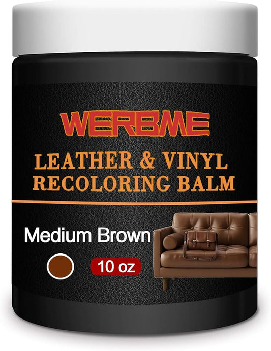 Leather Recoloring Balm & Color Restorer - 10OZ Multipurpose Dye & Paint for Faded Leather Couches, Car Seats, Shoes | Fix Scratches on Clothing, Furniture & Accessories(Medium Brown)
