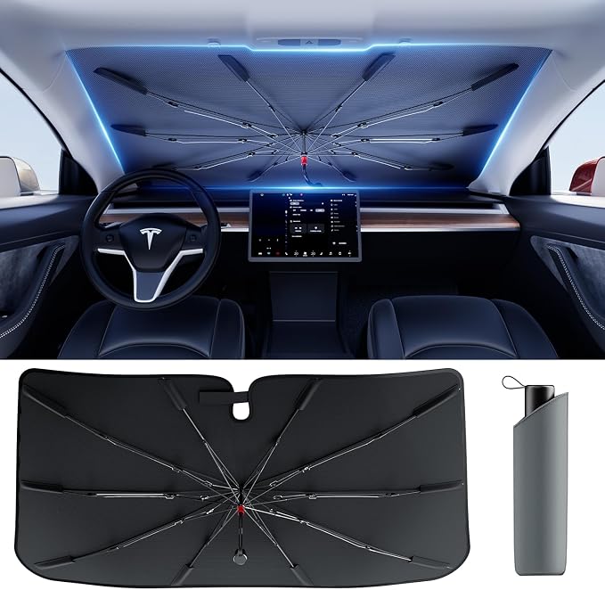 DMJN Umbrella Windshield Sun Shade - Medium, Car Sunshade for Front Windshield [Nano Ice-Crystal Coatings] UPF50+ Heat & UV Block, Protect Interior & Keep Cooler Universal for Car, SUV, Truck