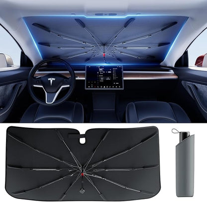 DMJN Umbrella Windshield Sun Shade for Tesla New Model Y Juniper, Y & 3 (2016-2026), Car Sunshade for Front Windshield [Nano Ice-Crystal Coatings] UPF50+ Heat & UV Block, Protect Interior & Keep Cool