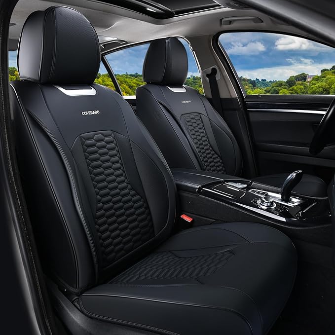 Coverado Seat Covers Front Seats, Luxury Leather Black Car Seat Cover, Waterproof Automotive Car Seat Covers Protector Interior Accessories Universal Fit Most Sedans, SUVs, Pick-up Trucks
