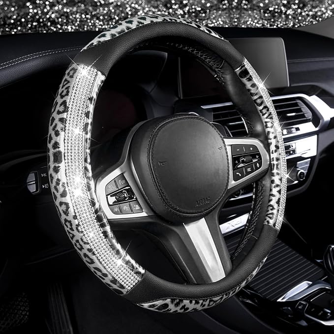 AUTOYOUTH Leopard Steering Wheel Cover - Bling Crystal Rhinestones Cheetah Print on Leather Non-Slip Breathable Design for Women/Girls Universal Fit 14.5-15 Inch(Black & Silver)
