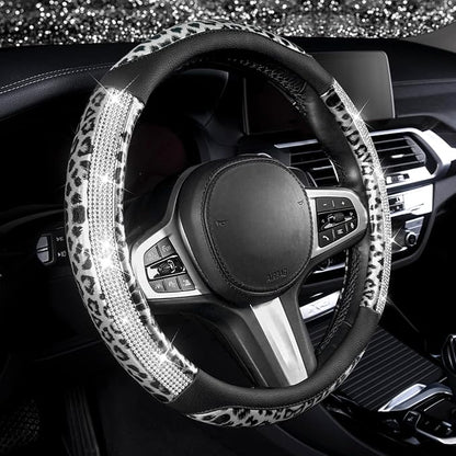 AUTOYOUTH Leopard Steering Wheel Cover - Bling Crystal Rhinestones Cheetah Print on Leather Non-Slip Breathable Design for Women/Girls Universal Fit 14.5-15 Inch(Black & Silver)