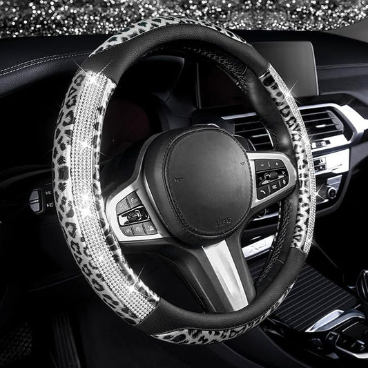 AUTOYOUTH Leopard Steering Wheel Cover - Bling Crystal Rhinestones Cheetah Print on Leather Non-Slip Breathable Design for Women/Girls Universal Fit 14.5-15 Inch(Black & Silver)