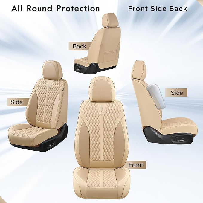 Coverado Seat Covers Front Seats, Waterproof Car Seat Covers, Luxury Leather Seat Covers for Cars, Automotive Seat Covers Leather Seat Cushion Protector Universal Fit Most Cars SUVs Trucks, Beige