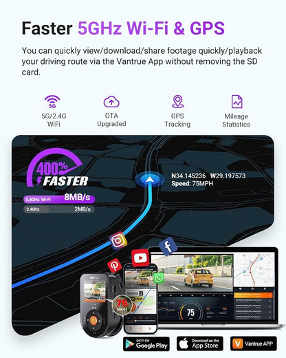 Vantrue S1 Pro Max 4K+4K Dash Cam, Dual STARVIS 2 Dash cam Front and Rear, 2 Channel HDR Dashcam, PlatePix Night Vision, 5G WiFi, Voice Control, GPS, 24H Buffered Parking Mode, Support 1TB Max