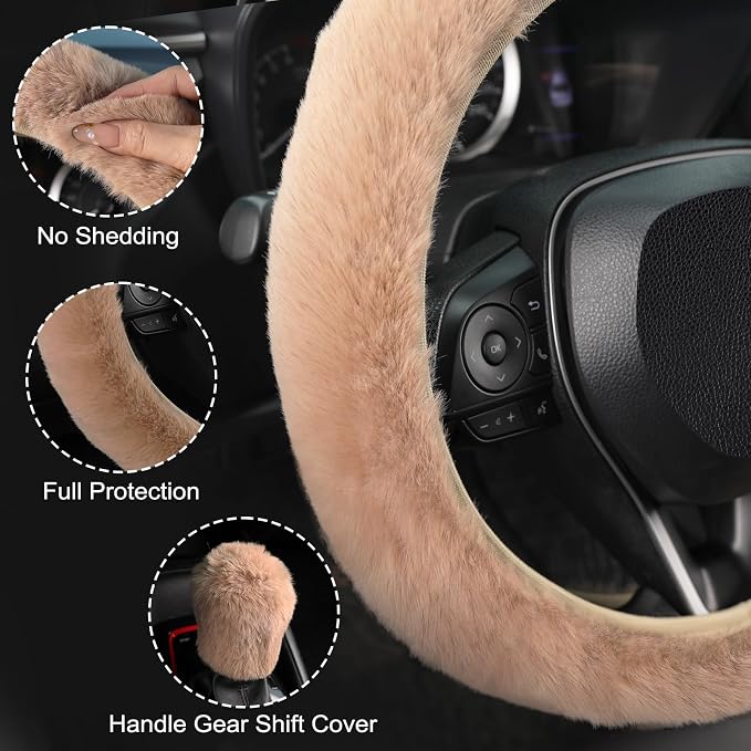SEG Direct Furry Car Steering Wheel Cover with Gear Shift Cover, Soft and Warm, Cute Fluffy Auto Decor for Women Men, Standard Size, 2 PCS Set, Khaki