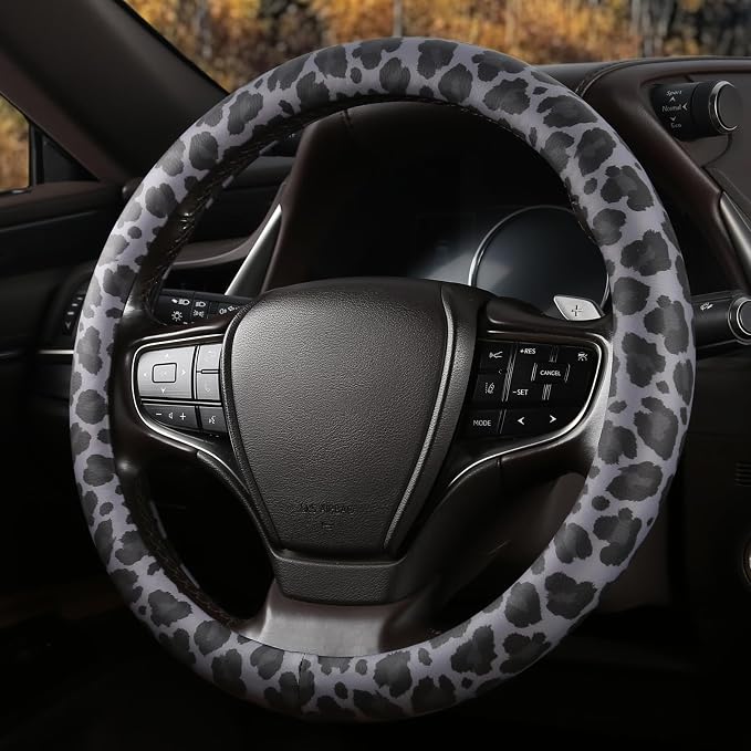Black Leopard Print Steering Wheel Cover with Silicone Inner Ring, Non-Toxic, Odorless Silicone Leather with Non-Fading Pattern for Men Women, Universal 14.5 to 15 Inch (Black Leopard Print)