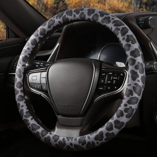 Black Leopard Print Steering Wheel Cover with Silicone Inner Ring, Non-Toxic, Odorless Silicone Leather with Non-Fading Pattern for Men Women, Universal 14.5 to 15 Inch (Black Leopard Print)