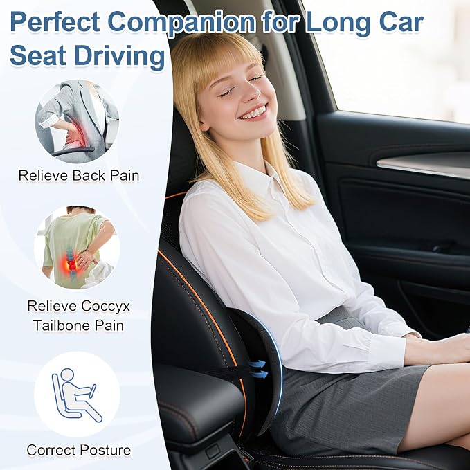 BYMECOST Lumbar Support Pillow for Car, Ergonomic Back Cushion with Strap, Memory Foam Lower Back Support Cushion for Driving, Lumbar Pillow for Pain Relief, for Office Chair, Long Sitting (Black)