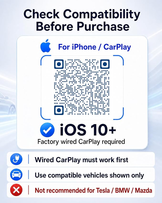 Wireless CarPlay Adapter,Car Play Wireless Adapter, 2-in-1 CarPlay Car Adapter Dongle, Convert Factory Wired Apple CarPlay to Wireless, Ultra-Mini Plug & Play, Includes USB C & USB-A