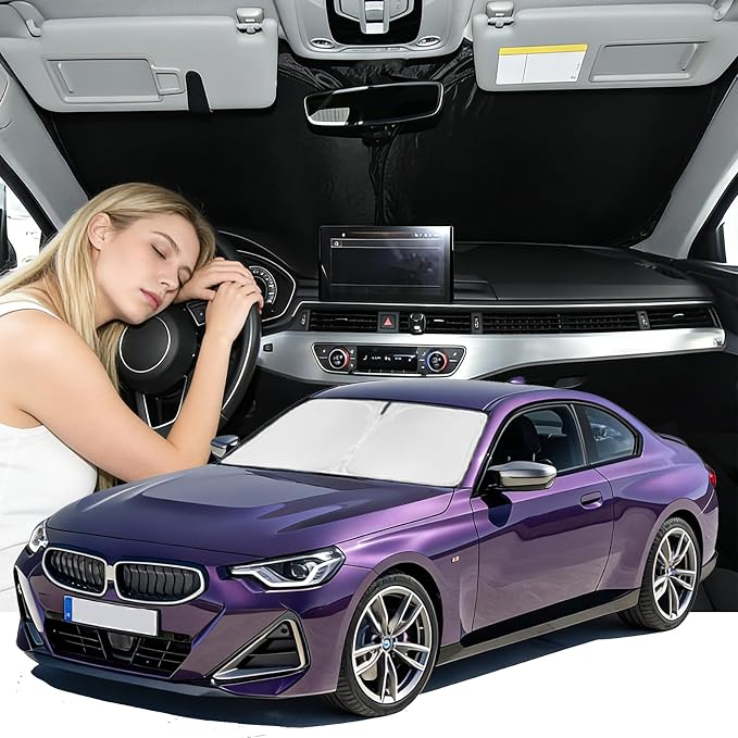 Windshield Sunshade for BMW 2-Series 2017-2021 Sun Shade Windshield Upgrade 4 Layers Blocks UV Rays Custom Fit 2-Series Car Window Shade Front Windshield Keep Cool Foldable Car Accessories