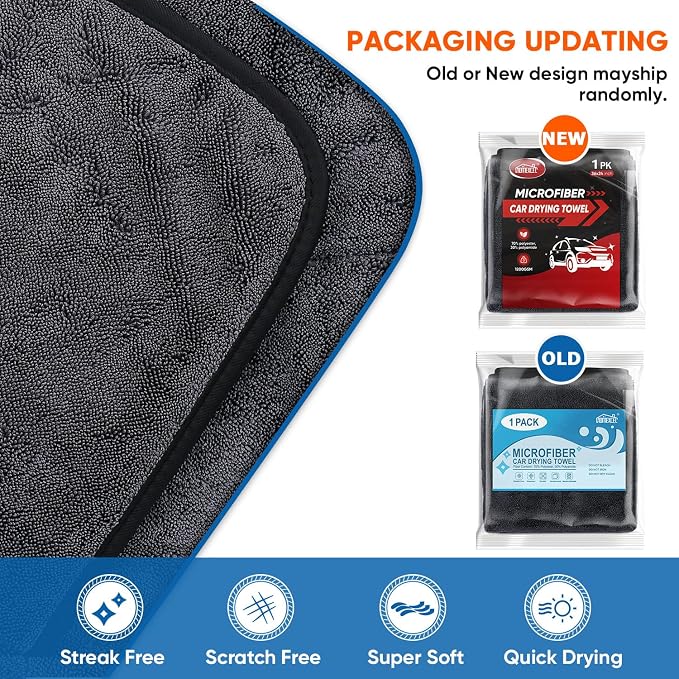HOMEXCEL Professional Car Drying Towel (36"x 24") with Twisted-Loop Technology, 1200GSM for a Streak-Free Finish – Microfiber Towels for Cars, Trucks, SUVs, RVs and Motorcycles