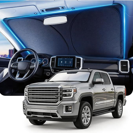DMJN Front Windshield Sun Shade for GMC Sierra 1500 2500 3500(2014-2026), [Nano Ice-Crystal Coatings] UPF50+ Heat & UV Block, Protect Car Interior & Keep Cool, Flodable Steel-Ring Car Cover for Summer