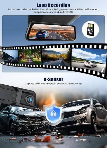 4K Mirror Dash Cam, Front and Rear View Mirror Dual Cameras for Cars with 64G Card GPS BSD 9.66 inch HD Rear View Mirror WiFi App Control Night Vision G Sensor Loop Recording Parking Monitoring