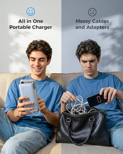 VEGER Portable Charger Power Bank with Built-in AC Plug and Cables, All in One 10000mAh Ultra Slim Travel Essentials, Fast Charging Battery Pack Compatible with iPhone, Samsung, Android (Blue)