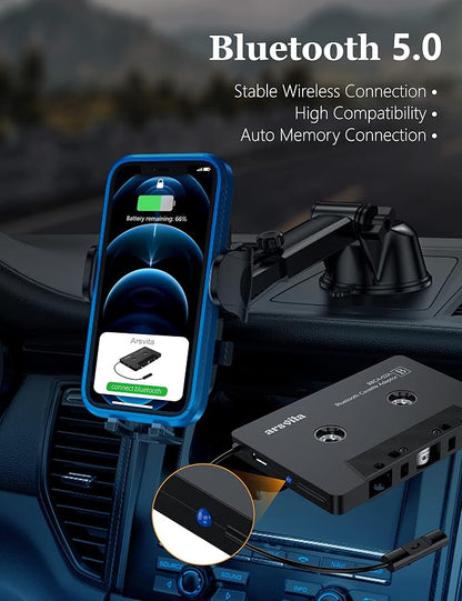 arsvita Bluetooth 5.0 Cassette to Aux Adapter for Car, Tape Audio Adapter, Hands-Free Call, Charcoal Black