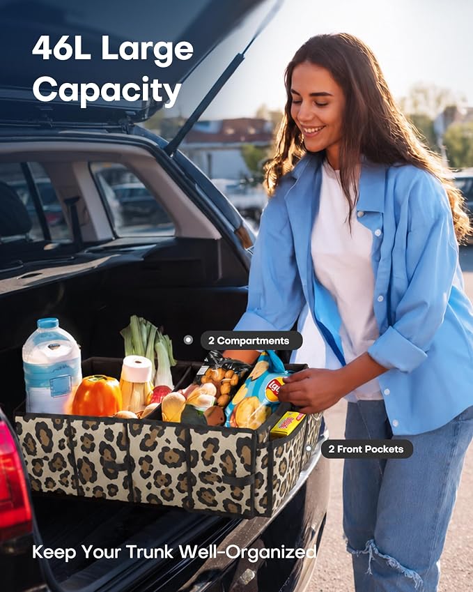 HOTOR Trunk Organizer - Car Organizer, Foldable Trunk organizer for SUVs & Sedans, Sturdy Car Organization for Car Accessories, Tools, Sundries, Leopard, 2 Compartments, 21.3"×12.6"×10.6"