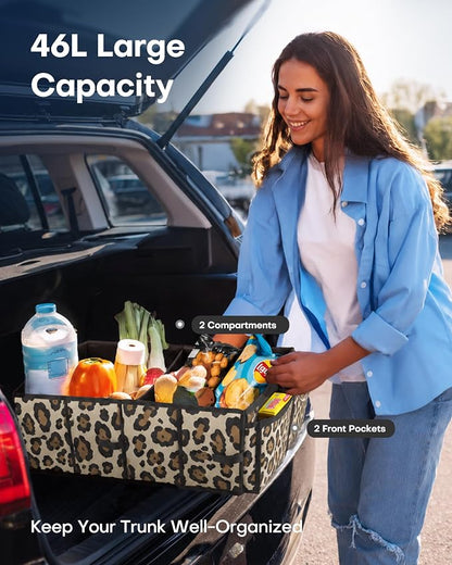 HOTOR Trunk Organizer - Car Organizer, Foldable Trunk organizer for SUVs & Sedans, Sturdy Car Organization for Car Accessories, Tools, Sundries, Leopard, 2 Compartments, 21.3"×12.6"×10.6"
