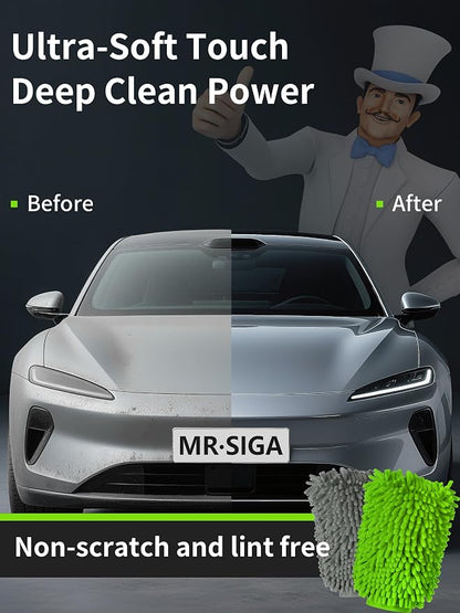 MR.SIGA Premium Microfiber Soft Chenille Car Wash Mitt, Pack of 2, Gray & Green