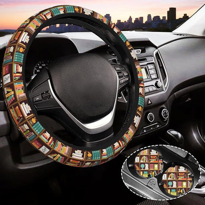 Book Lover Gifts Steering Wheel Cover for Women, Universal Auto Steering Wheel 14-15 Inch Car Interior Accessories with 2PCS Car Coasters, Suitable for Men and Women