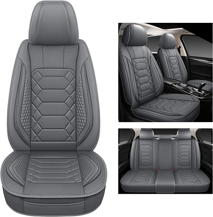 HAIYAOTIMES Leather Car Seat Covers Full Set, Waterproof Faux Leather Seat Covers for Cars, Non-Slip Car Interior Covers Universal Fit for Most Cars Sedans Trucks SUVs, Gray