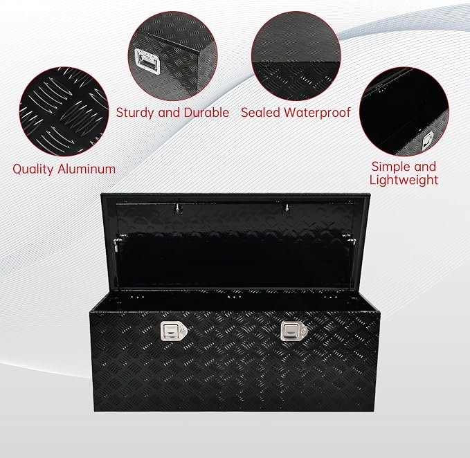 48''Inch Aluminum Truck Tool Box Truck Bed Toolbox Truck Trailer Chest Box Trailer Underbody Storage Organizer Waterproof Square Storage Organizer w/Lock & Keys Black(‎48" x19.5''x17.5'')