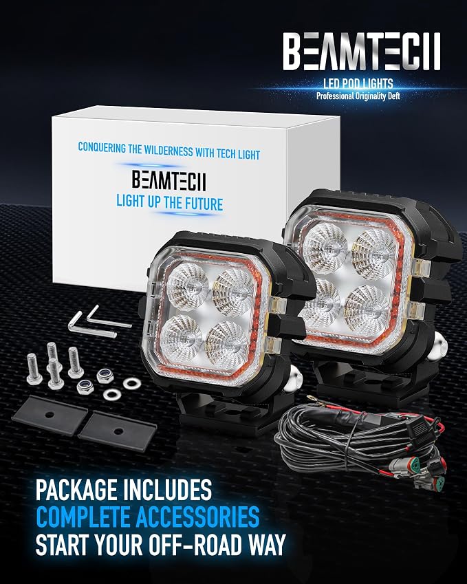 BEAMTECH 3" LED Pods, White Flood Beam Off Road Ditch Lights with Amber DRL | 2PCS 60W 6000LM Pod Light for Truck UTV ATV Motorcycle Car