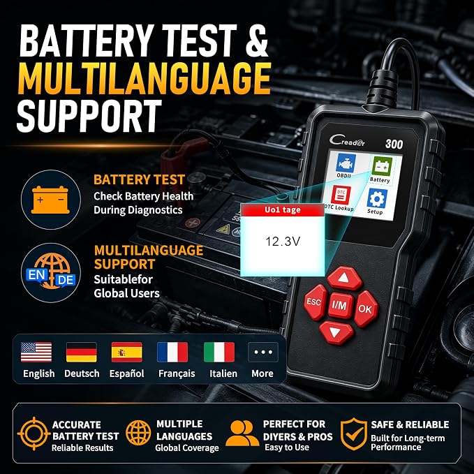 LAUNCH Creader 300 OBD2 Scanner, Car Code Reader with Full 10 OBDII Modes, Read & Clear Codes, Live Data, VIN, Freeze Frame, I/M Readiness, O2 Sensor, DTC Lib, Battery Test for 1996 & Newer Cars