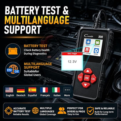 LAUNCH Creader 300 OBD2 Scanner, Car Code Reader with Full 10 OBDII Modes, Read & Clear Codes, Live Data, VIN, Freeze Frame, I/M Readiness, O2 Sensor, DTC Lib, Battery Test for 1996 & Newer Cars