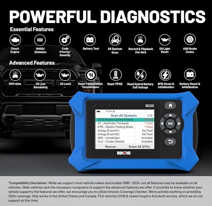 Innova SD35 OBD2 Scanner – ABS, SRS, TPMS & Check Engine Code Reader, Live Data, All System Diagnostics, Compatible with Most Vehicles