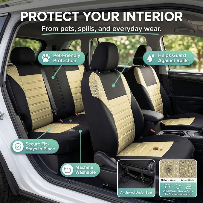 FH Group Automotive Car Seat Covers Full Set Premium 3D Air Mesh Front Seat Covers, Airbag Compatible & Split Bench Cover Universal Fit Interior Accessories for Cars Trucks and SUVs - Beige
