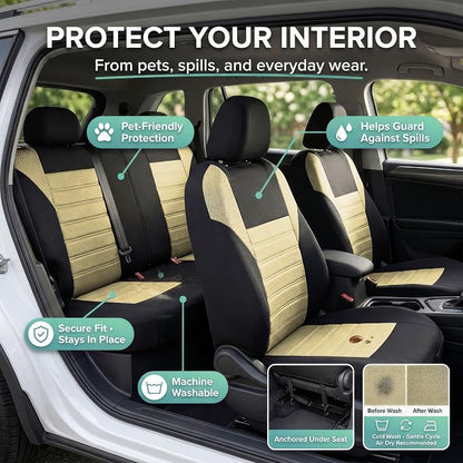 FH Group Automotive Car Seat Covers Full Set Premium 3D Air Mesh Front Seat Covers, Airbag Compatible & Split Bench Cover Universal Fit Interior Accessories for Cars Trucks and SUVs - Beige